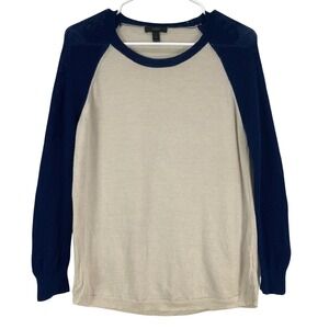 J. Crew Merino Wool Baseball Sweater Blue Cream Pullover Crewneck Size Small